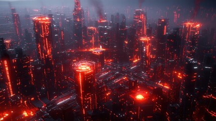 Fototapeta premium A futuristic cityscape illuminated by glowing red structures, surrounded by a dark atmosphere, reminiscent of a dystopian or sci-fi environment.