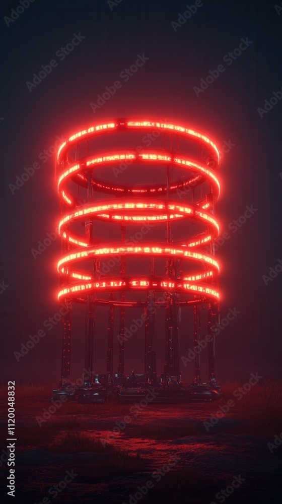 Poster A glowing red circular structure stands in a misty environment, creating a striking visual contrast against the dark surroundings.