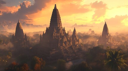 Ancient temple complex bathed in golden light at sunrise.