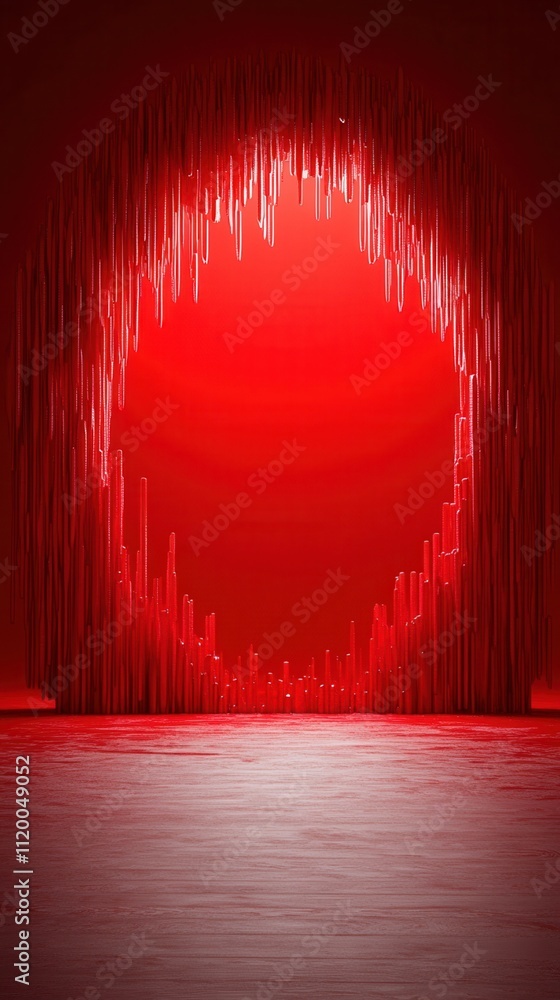 Poster a striking red-lit space with vertical elements creating an intriguing, modern atmosphere.