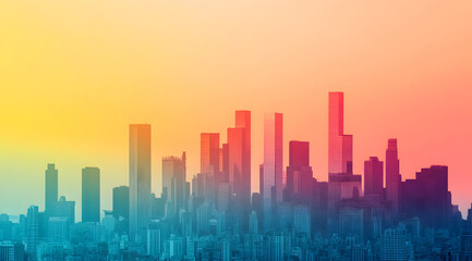 Fototapeta premium A vibrant city skyline at sunset, showcasing tall buildings against a gradient of warm colors.