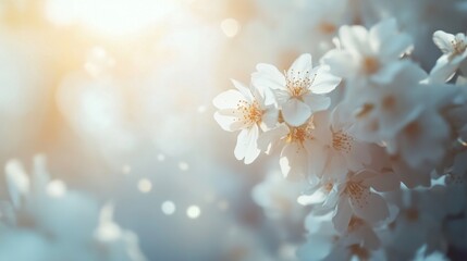 Spring Blooming, White Blossoms And Sunlight In The Sky, with copy space. Selective focus