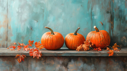 Vibrant Pumpkins on a Rustic Surface, Autumnal Still Life. Close-up of three ripe pumpkins with vibrant orange hues, displayed on a weathered wooden surface against a softly textured, muted blue backg