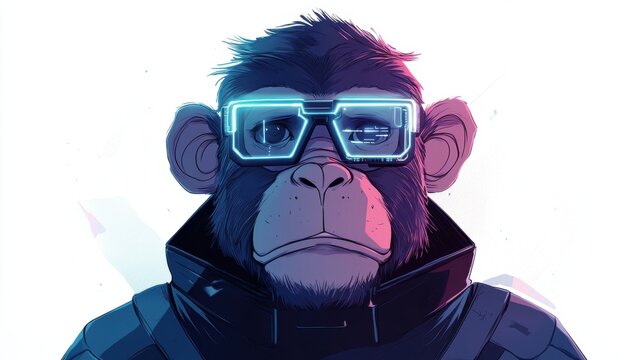 A stylized illustration of a monkey wearing futuristic glasses and attire.