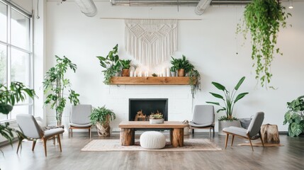 Cozy minimalist living room with indoor plants and modern decor