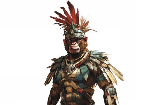 A stylized anthropomorphic monkey character adorned in feathers and tribal attire.