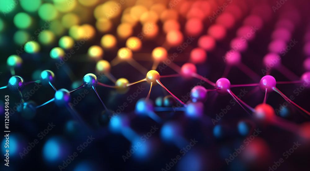 Poster a vibrant, abstract representation of interconnected nodes in rainbow colors, showcasing a dynamic, 