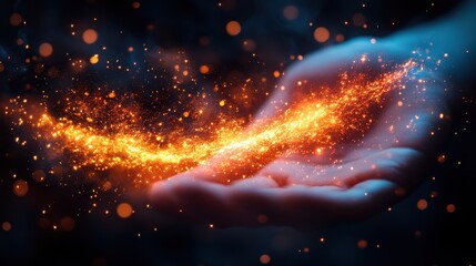 Obraz premium Hand Releasing Sparkling Energy with Glowing Particles in Dark Background