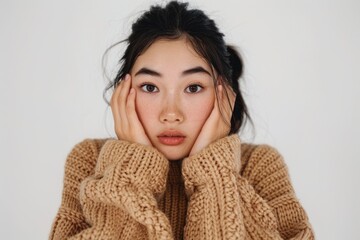 Asian woman in sweater with hands on face  smiling.