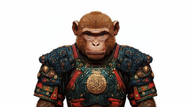 A stylized monkey wearing ornate armor, showcasing a blend of culture and art.