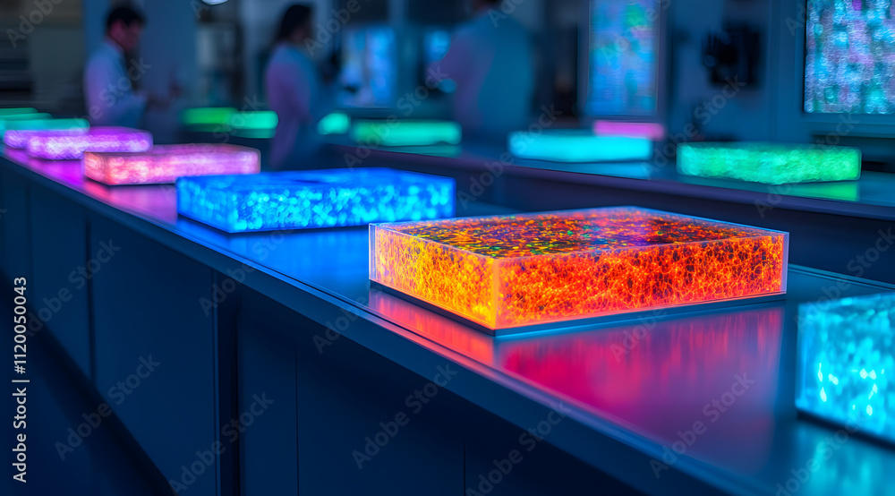 Poster the image showcases colorful illuminated blocks on a table, surrounded by individuals in a lab setti