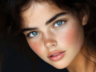 A close up of a woman with freckles on her face