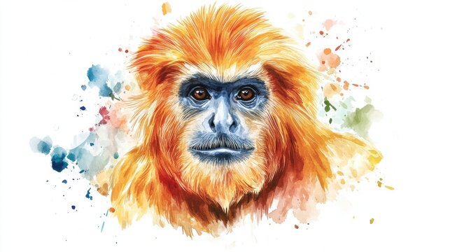 A colorful watercolor illustration of a monkey with striking features.