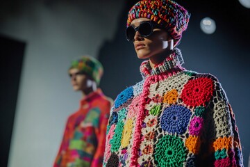 Fototapeta premium Fashion models showcasing vibrant, handcrafted crochet outfits at a high fashion runway event
