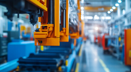 A close-up of an industrial robotic arm in a factory setting, showcasing advanced automation technology in a vibrant, well-lit environment.
