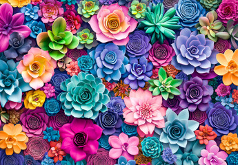 Vibrant and colorful succulent arrangement showcasing a variety of rosette-shaped plants in bold, saturated hues.