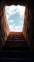 Historic Sandstone Staircase with Unique Sculpted Edges and Rugged Design, Leading to a Stunning View of the Clear Blue Sky