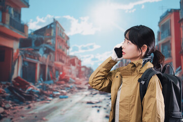 災害で被災し携帯電話が繋がらずに困る女性