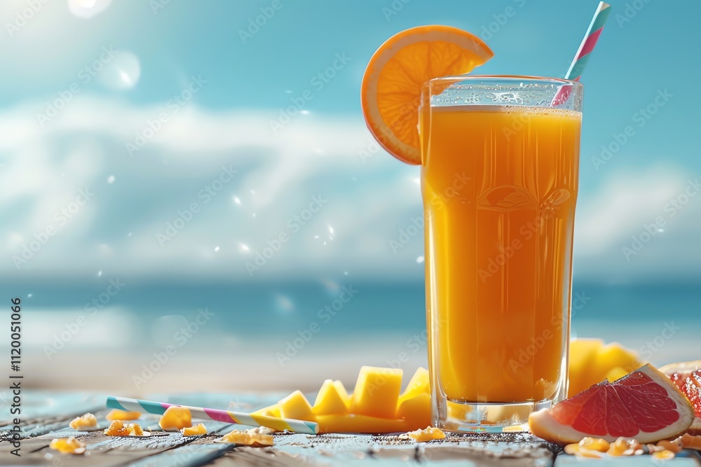 Poster refreshing orange juice in tall glass with mango and grapefruit slices on beach.