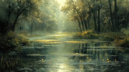 Obraz premium A serene, sunlit forest scene with a calm waterway reflecting the surrounding greenery.