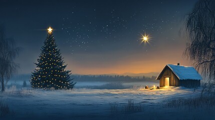 Minimalistic Barn On Winter Christmas Night