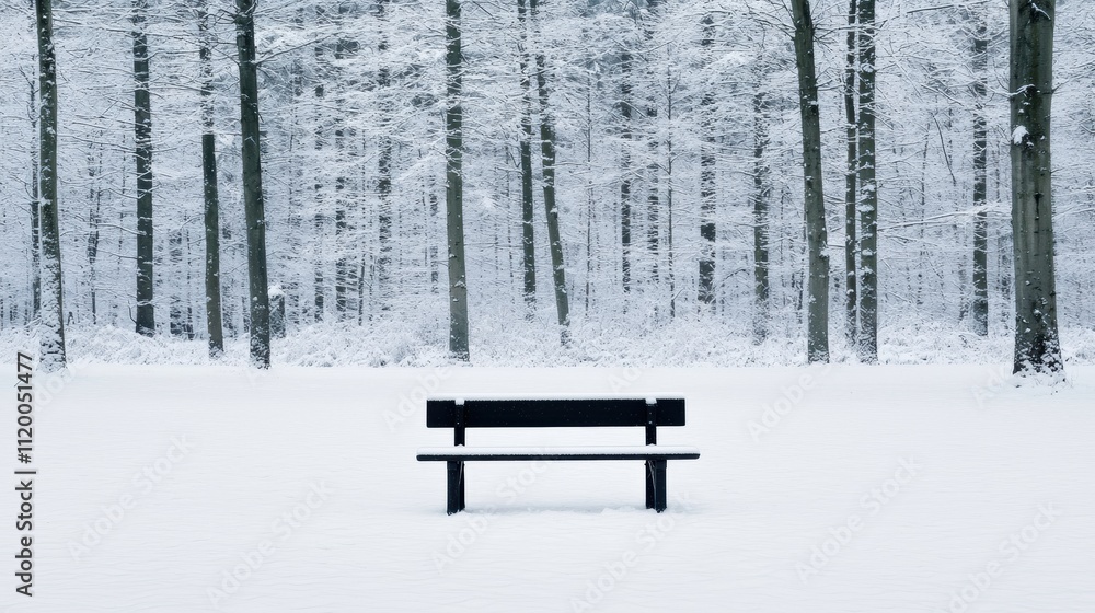 Poster Empty bench standing in snow covered forest clearing in winter