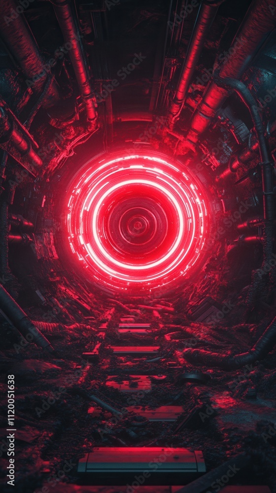 Poster a vibrant, futuristic tunnel features a glowing red circular core, surrounded by intricate metallic 