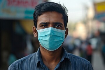 Young indian man wearing a protective face mask in a crowded city setting, promoting health and safety