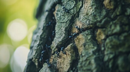 Close-up of ants climbing a tree trunk, showcasing their behavior in a natural setting.