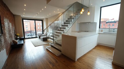 Obraz premium Modern Open Concept Living Space with Stylish Staircase and Large Windows
