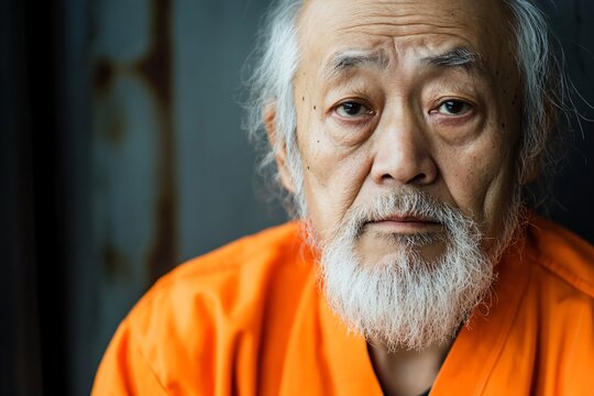 Portrait of an elderly asian inmate contemplating his situation while wearing an orange jumpsuit