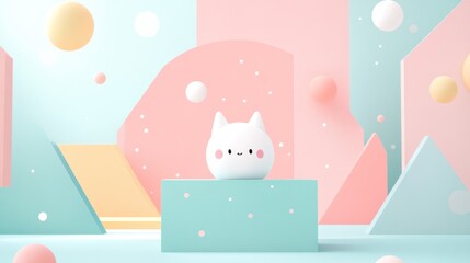Cute Cartoon Cat on Pastel Geometric Background
