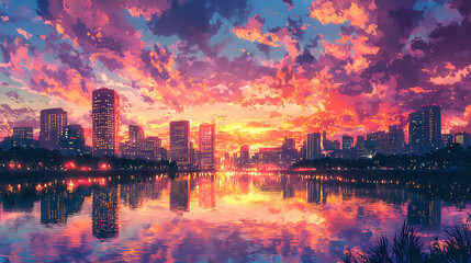 Obraz premium A city skyline is reflected in a body of water