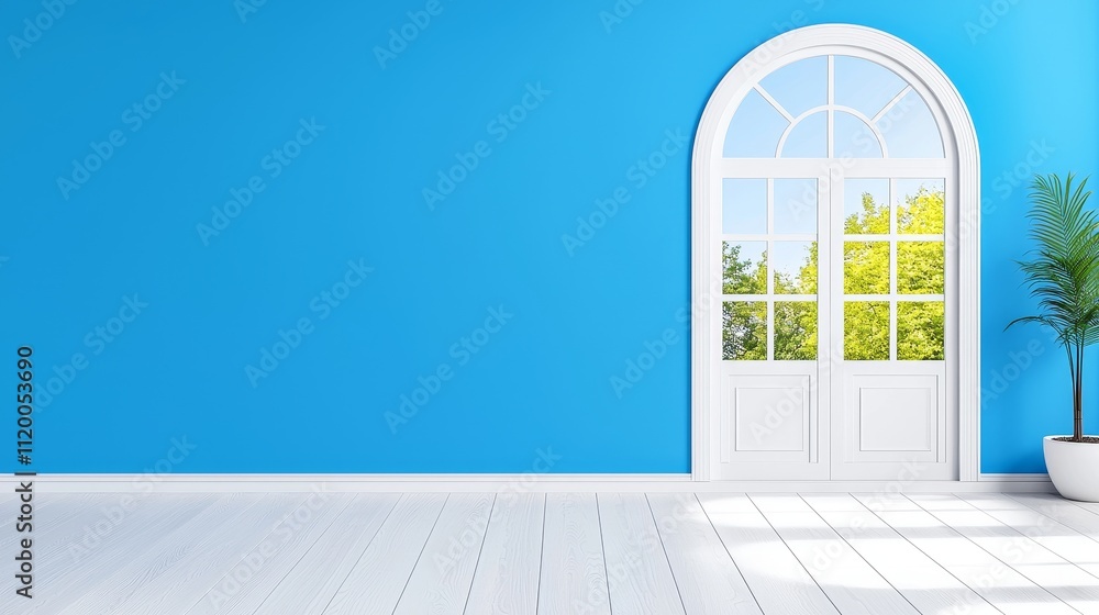 Poster a three-dimensional rendering of a blue room with a simple design, showcasing an arched window and s