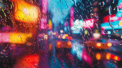 Naklejka premium A blurry image of a city street with neon lights and raindrops on the window