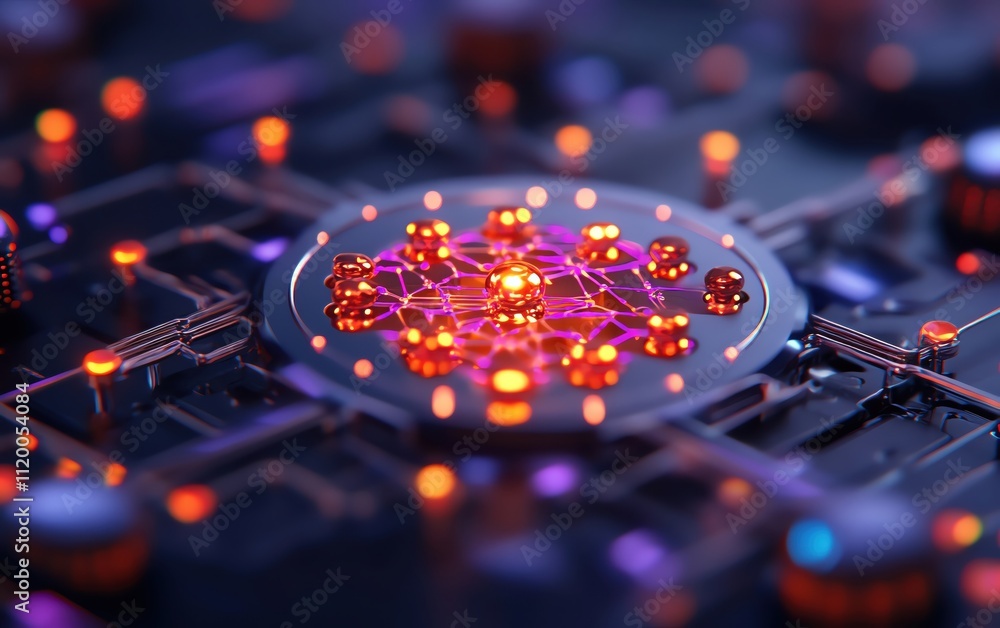 Poster abstract close-up of a circuit board with illuminated elements in vibrant colors.