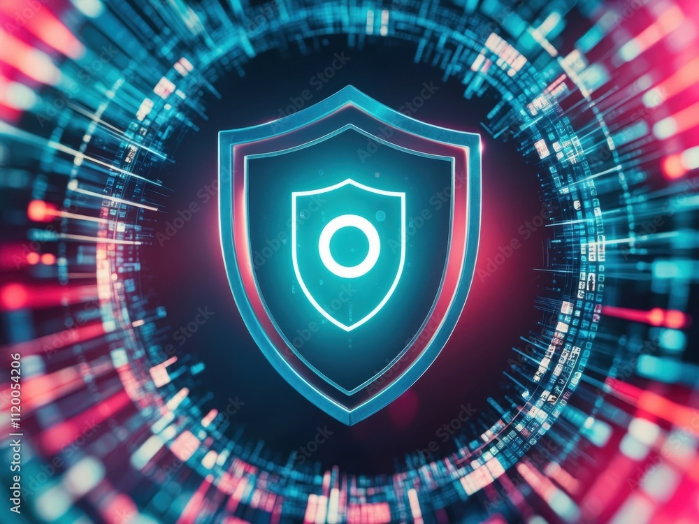 Poster close-up of a digital shield icon protecting sensitive data with glowing futuristic effects
