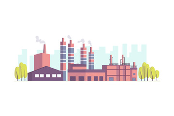 Obraz premium Industrial plant against the backdrop of city silhouettes. Factory with large chimneys emitting smoke. Vector illustration of a manufacturing plant with a city background.