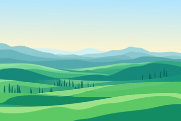 Beautiful landscape vector illustration of mountains, forests, green fields and meadows. Stunning panoramic farm landscape with mountains in the background. Natural landscape for design.