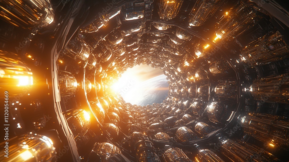 Poster a futuristic tunnel illuminated by radiant light, creating an ethereal and mesmerizing atmosphere th