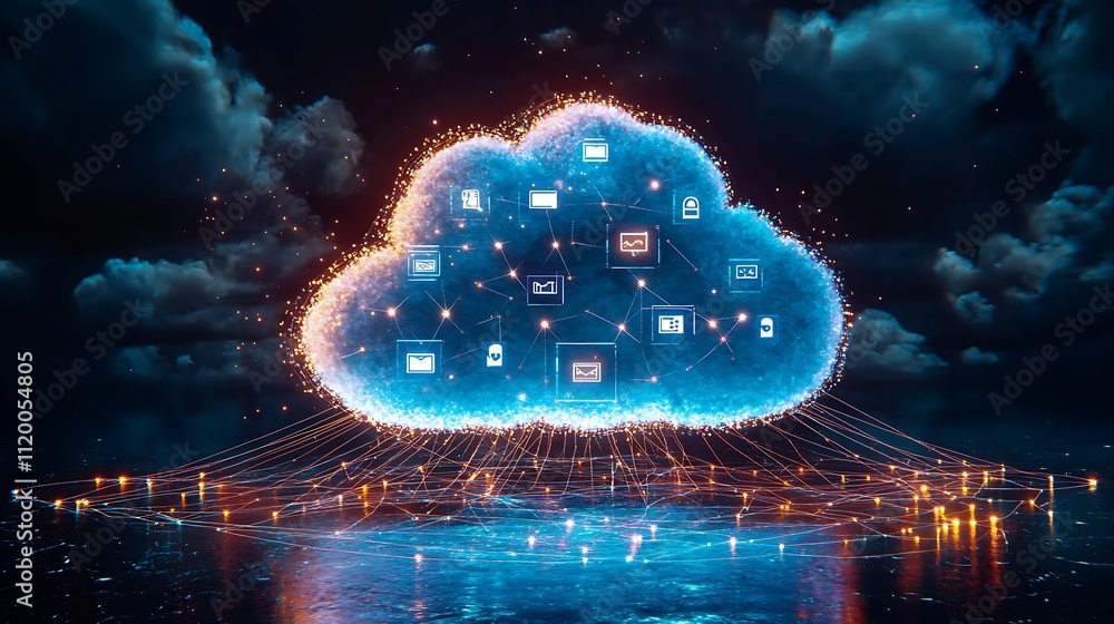 Poster glowing cloud computing network concept.