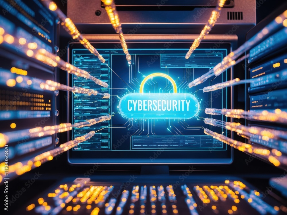 Poster cybersecurity network monitoring system with glowing data streams and a digital interface, symbolizi
