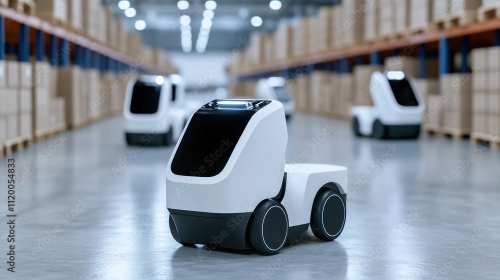 Poster autonomous robots in a warehouse for efficient logistics operations.