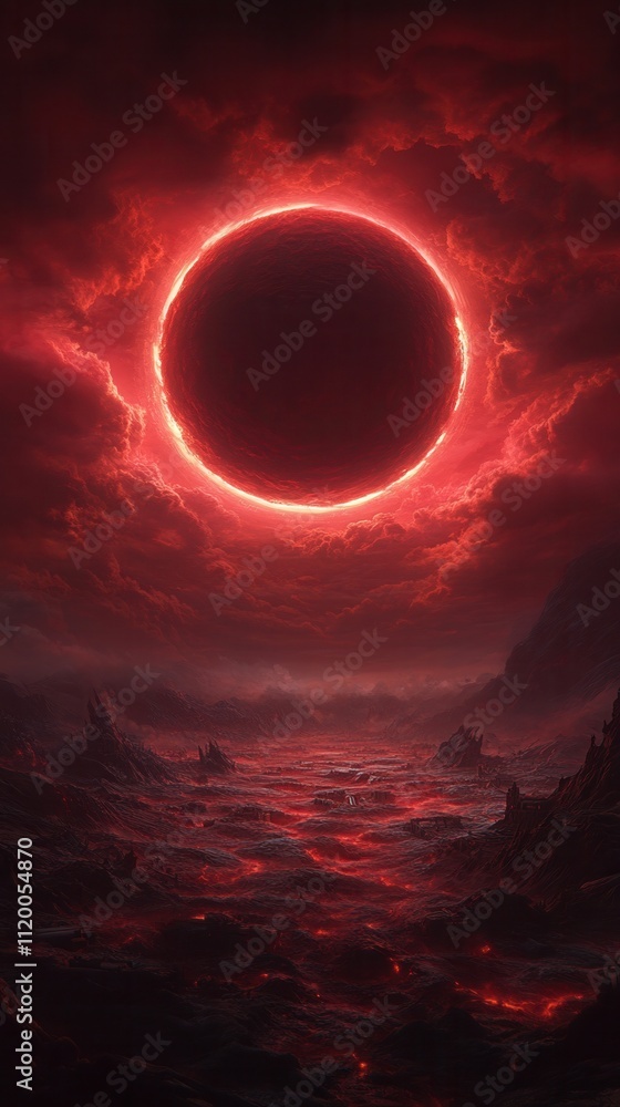 Poster a mesmerizing cosmic scene featuring a dark circular eclipse surrounded by vibrant red clouds and a 