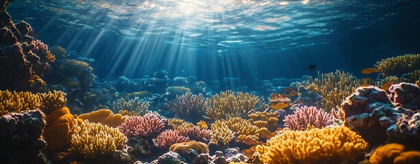 Visual storytelling photography narrative, Underwater Scene with Vibrant Coral and Sunlight