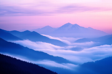 Obraz premium Mountain peak covered in snow illuminated by a warm sunrise, surrounded by layers of misty hills. 