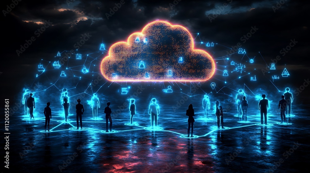 Poster glowing cloud computing network connecting people.