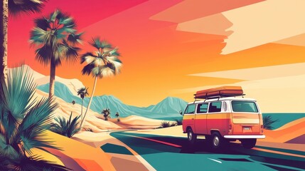 Vibrant Postcard Illustration of a Road Trip Scene