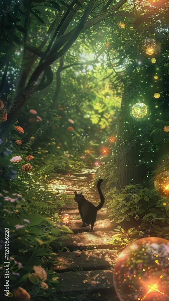 Poster a mystical forest path illuminated by bubbles, featuring a black cat exploring the enchanting surrou
