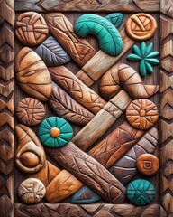 Fototapeta premium High quality handmade woodwork concept. Textured wooden panel with colorful carved leaves and shapes